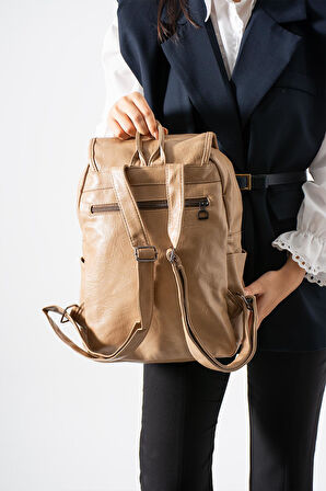 Suni Deri Yıkama Sırt Çantası (Poliüretan) Bej Model:(571-14-16I)