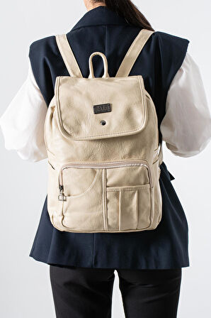 Suni Deri Yıkama Sırt Çantası (Poliüretan) Krem Model:(571-14-16I)