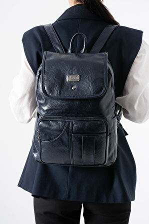 Suni Deri Yıkama Sırt Çantası (Poliüretan) Lacivert Model:(571-14-16I)