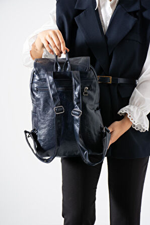 Suni Deri Yıkama Sırt Çantası (Poliüretan) Lacivert Model:(571-14-16I)