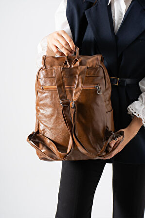 Suni Deri Yıkama Sırt Çantası (Poliüretan) Taba Model:(571-14-16I)