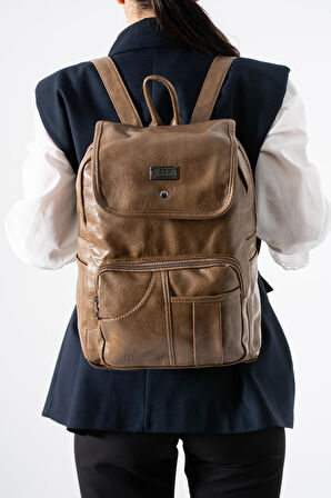 Suni Deri Yıkama Sırt Çantası (Poliüretan) Vizon Model:(571-14-16I)