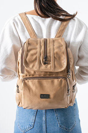 Suni Deri Yıkama Sırt Çantası (Poliüretan) Bej Model:(571-14-16J)