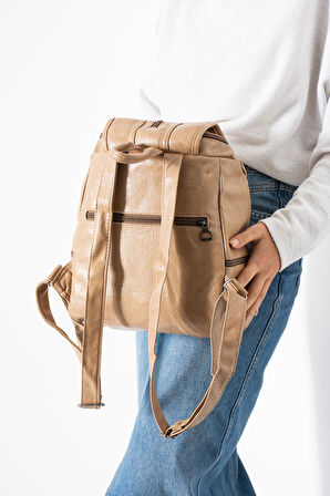 Suni Deri Yıkama Sırt Çantası (Poliüretan) Bej Model:(571-14-16J)