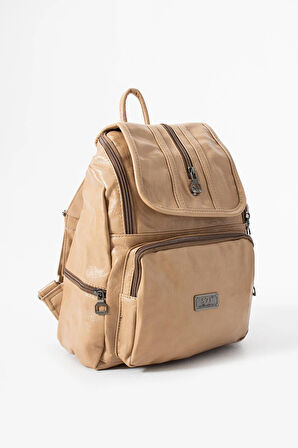 Suni Deri Yıkama Sırt Çantası (Poliüretan) Bej Model:(571-14-16J)