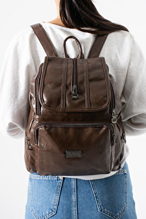 Suni Deri Yıkama Sırt Çantası (Poliüretan) Kahverengi Model:(571-14-16J)