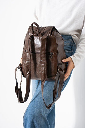 Suni Deri Yıkama Sırt Çantası (Poliüretan) Kahverengi Model:(571-14-16J)