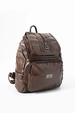 Suni Deri Yıkama Sırt Çantası (Poliüretan) Kahverengi Model:(571-14-16J)