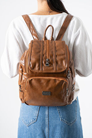 Suni Deri Yıkama Sırt Çantası (Poliüretan) Taba Model:(571-14-16J)