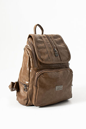 Suni Deri Yıkama Sırt Çantası (Poliüretan) Vizon Model:(571-14-16J)