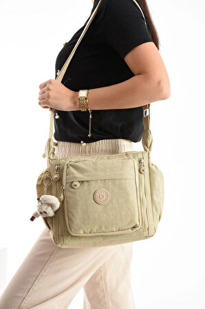 Çapraz Askılı Ultra Hafif Çok Cepli Bayan Omuz Çantası Krem (Model: 571-6M) 