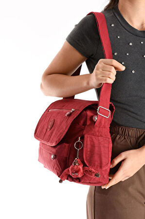 Çapraz Askılı Ultra Hafif Çok Cepli Bayan Omuz Çantası Kırmızı (Model: 571-6N)