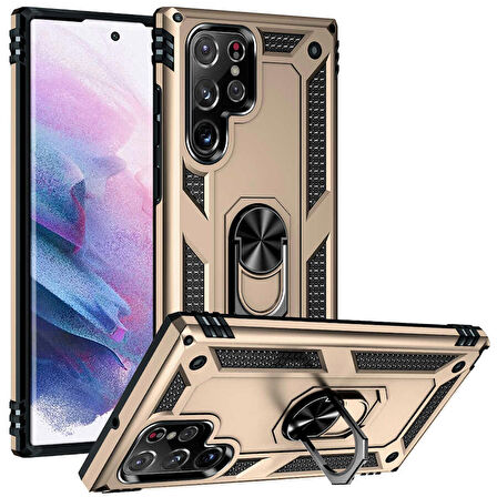 Gpack Samsung Galaxy S22 Ultra Kılıf Vega Sert Silikon Tank Standlı Yüzüklü Mıknatıslı