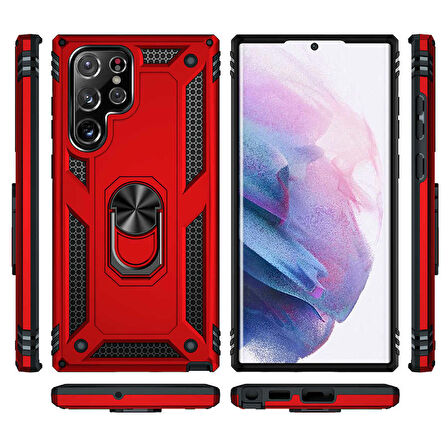 Gpack Samsung Galaxy S22 Ultra Kılıf Vega Sert Silikon Tank Standlı Yüzüklü Mıknatıslı