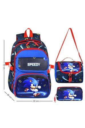 Okul Cantasi Mavi Kirmizi Sonic Deri Baskili Temali Ilkokul Sirt Cantasi Termal Beslenme Cantasi ve K Just Polo