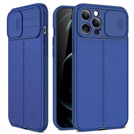 Gpack Apple iPhone 12 Pro Max Kılıf Kamera Sürgülü Deri Dokulu Mat Silikon