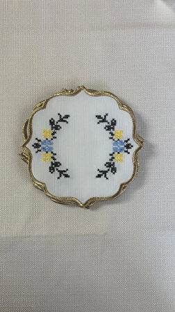 NİVEMESHOME KANAVİÇE NAKIŞLI SARI-MAVİ OVAL (6 ADET) KETEN KOKTEYL PEÇETESİ KAHVE YANI SUNUMLUK