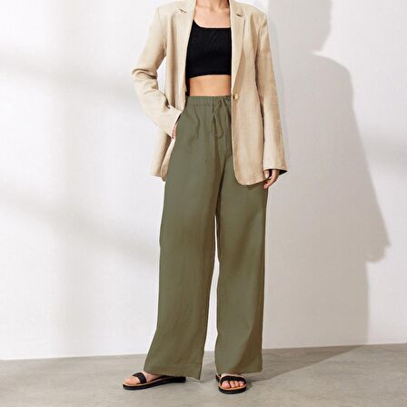 Barbora Keten Günlük Pantolon Beli Bağcıklı Ln14haki2