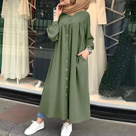 Barbora Keten Günlük Yazlık Tasarım Gömlek Kadın Elbise Büzgülü LN351haki6