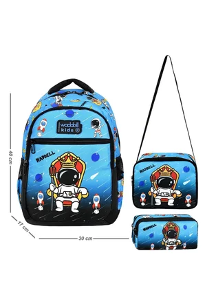 Okul Cantasi Siyah Mavi Astronot Desenli Sirt Cantasi Beslenme Cantasi ve Kalemlik Just Polo