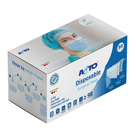 ACTO® SURGICAL MASK MAVİ 50 adet | Koruyucu Maske Meltblown Kumaş, Filtreli, Burun Klipsli, 3 Katlı