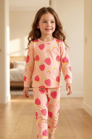 Kız Çocuk Strawberry - Çilek Desenli Uzun Kollu Pijama Takımı 