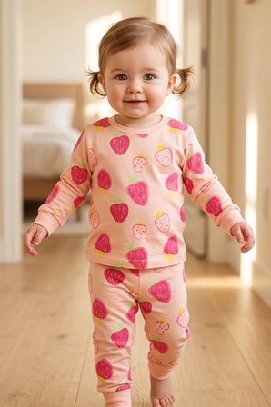 Kız Çocuk Strawberry - Çilek Desenli Uzun Kollu Pijama Takımı 