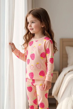 Kız Çocuk Strawberry - Çilek Desenli Uzun Kollu Pijama Takımı 