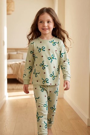 Kız Çocuk Fiyonk ve Puantiye Desenli Uzun Kollu Pijama Takımı