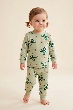 Kız Çocuk Fiyonk ve Puantiye Desenli Uzun Kollu Pijama Takımı