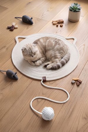 Reyo Pet El Yapımı Oyuncaklı Kedi Tırmalama Matı %100 Pamuk İpli Beyaz