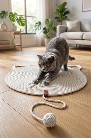 Reyo Pet El Yapımı Oyuncaklı Kedi Tırmalama Matı %100 Pamuk İpli Beyaz