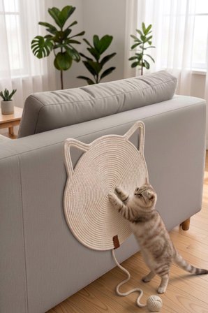 Reyo Pet El Yapımı Oyuncaklı Kedi Tırmalama Matı %100 Pamuk İpli Beyaz