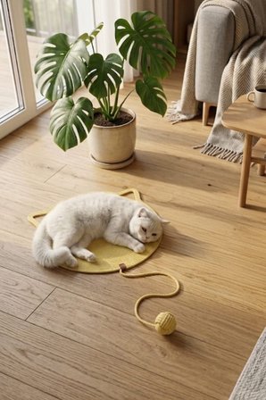 Reyo Pet El Yapımı Oyuncaklı Kedi Tırmalama Matı %100 Pamuk İpli Açık Sarı