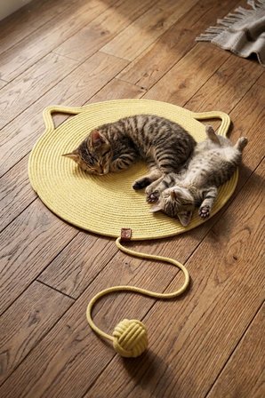 Reyo Pet El Yapımı Oyuncaklı Kedi Tırmalama Matı %100 Pamuk İpli Açık Sarı