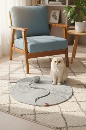 Reyo Pet El Yapımı Oyuncaklı Kedi Tırmalama Matı %100 Pamuk İpli Gri