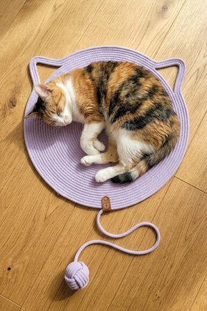 Reyo Pet El Yapımı Oyuncaklı Kedi Tırmalama Matı %100 Pamuk İpli Lila