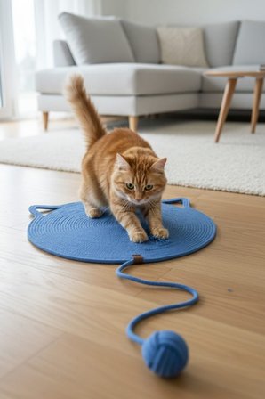 Reyo Pet El Yapımı Oyuncaklı Kedi Tırmalama Matı %100 Pamuk İpli Mavi