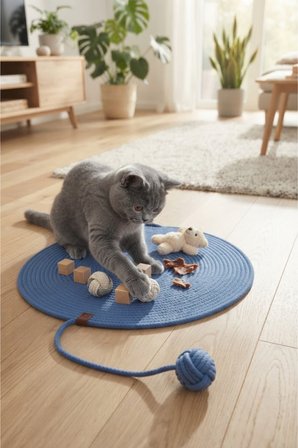 Reyo Pet El Yapımı Oyuncaklı Kedi Tırmalama Matı %100 Pamuk İpli Mavi