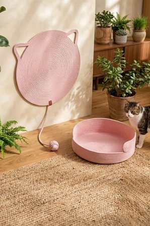 Reyo Pet El Yapımı Oyuncaklı Kedi Tırmalama Matı %100 Pamuk İpli Pembe