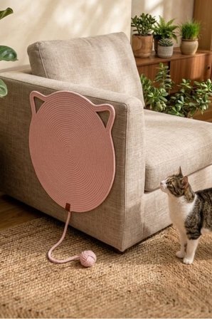 Reyo Pet El Yapımı Oyuncaklı Kedi Tırmalama Matı %100 Pamuk İpli Pembe