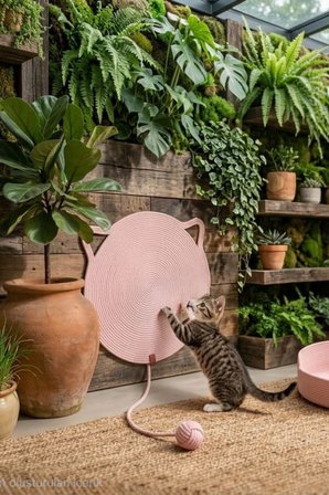 Reyo Pet El Yapımı Oyuncaklı Kedi Tırmalama Matı %100 Pamuk İpli Pembe