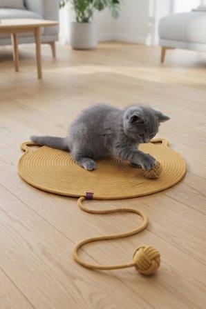 Reyo Pet El Yapımı Oyuncaklı Kedi Tırmalama Matı %100 Pamuk İpli Sarı