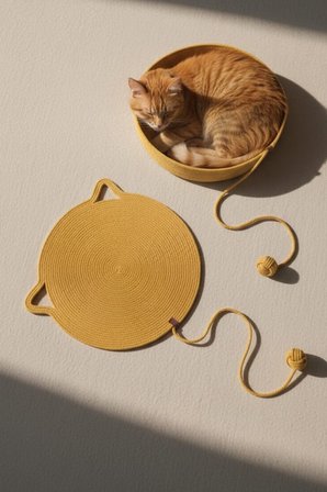 Reyo Pet El Yapımı Oyuncaklı Kedi Tırmalama Matı %100 Pamuk İpli Sarı