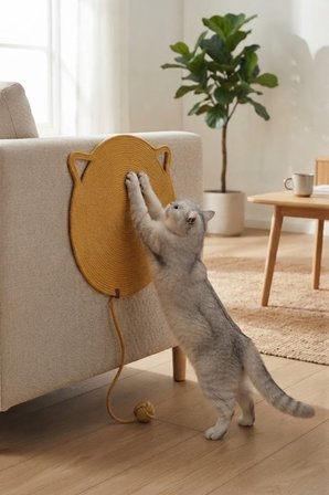 Reyo Pet El Yapımı Oyuncaklı Kedi Tırmalama Matı %100 Pamuk İpli Sarı