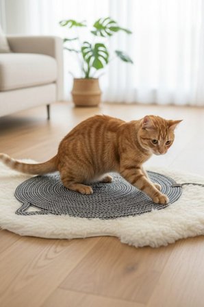 Reyo Pet El Yapımı Oyuncaklı Kedi Tırmalama Matı %100 Pamuk İpli Siyah-Beyaz