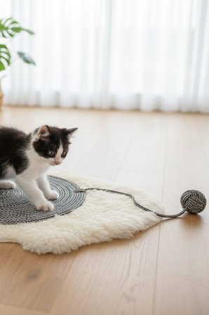 Reyo Pet El Yapımı Oyuncaklı Kedi Tırmalama Matı %100 Pamuk İpli Siyah-Beyaz