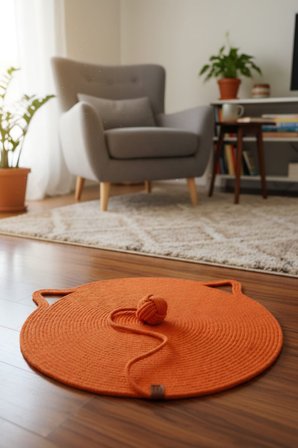 Reyo Pet El Yapımı Oyuncaklı Kedi Tırmalama Matı %100 Pamuk İpli Turuncu