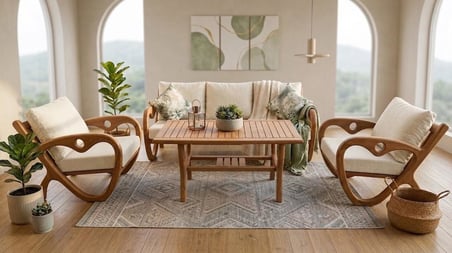 Gardenlove Masif Ahşap Bahçe Balkon Koltuk Kestane Ağacı 3+1+1 Koltuk ve Masa Takımı Krem