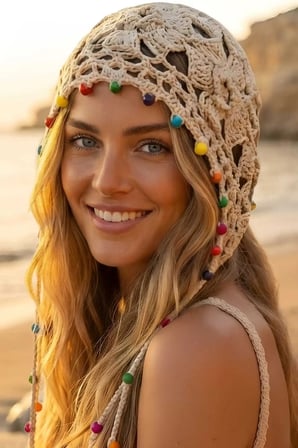 Tezzgelsin Kadın Bohem Boncuklu Örgü Bandana Bere Renkli Boncuklu Yazlık Şapka